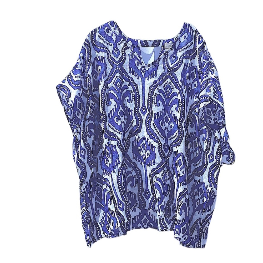 CHICO’S 100% Linen Ikat Print Poncho size M/L